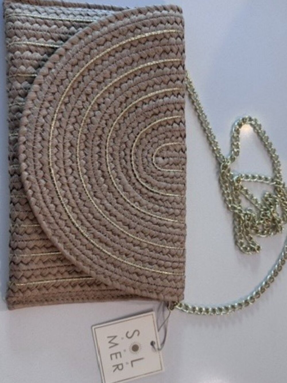 Sol and Mer Woven Straw Clutch Gold Chain Crossbody Bag NWT
